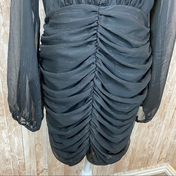 House of Harlow 1960 Long Sleeve Ruched Skirt Button Front Metallic Lurex Dress - Picture 5 of 13